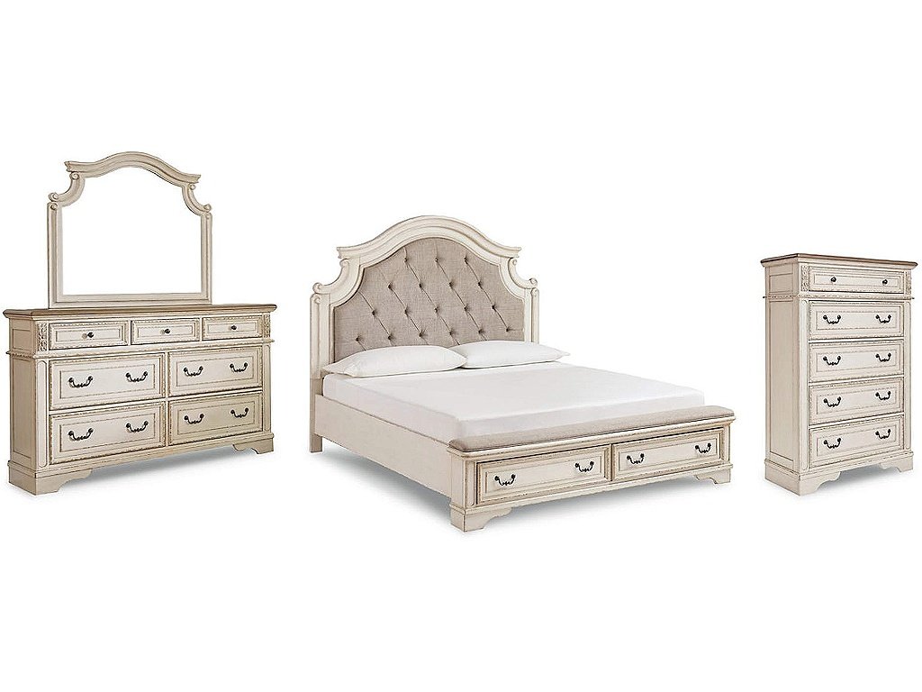 Realyn California King Upholstered Bed, Dresser, Mirror and Chest