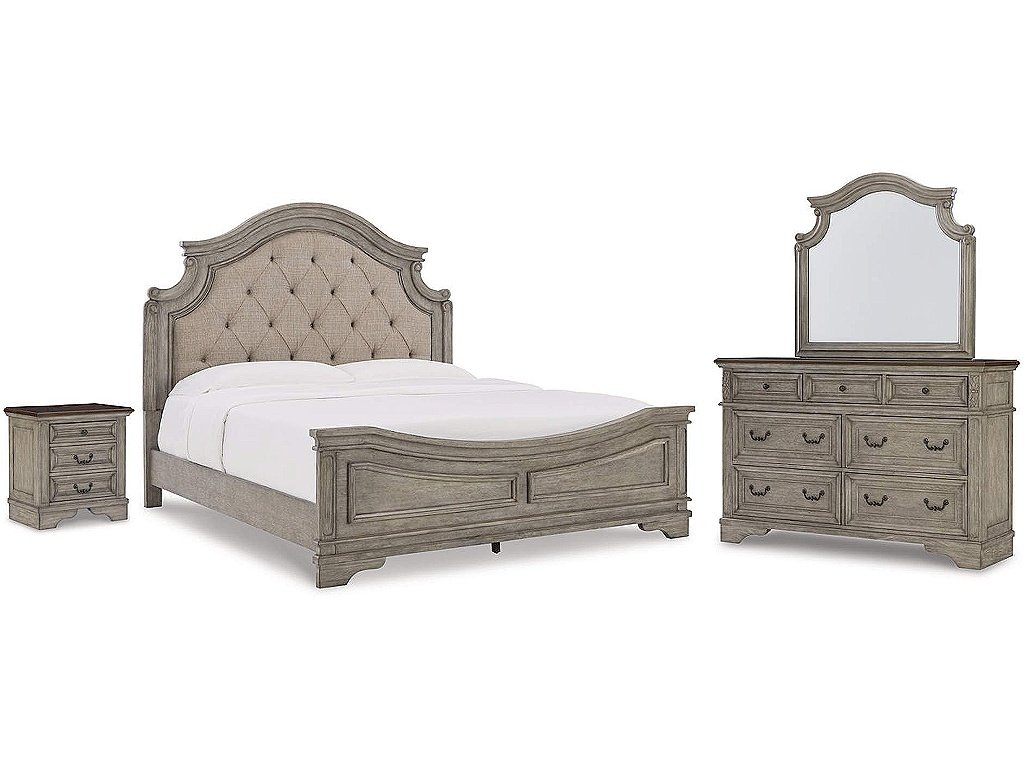 Lodenbay King Upholstered Panel Bed, Dresser, Mirror, and Nightstand