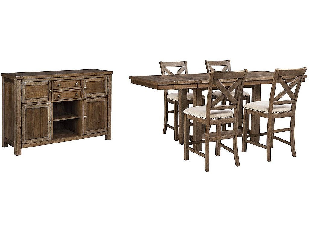 Moriville Counter Height Dining Table, 4 Barstools and Server