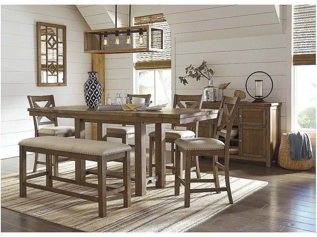 Moriville Counter Height Dining Table with 4 Barstools, Bench, and Server