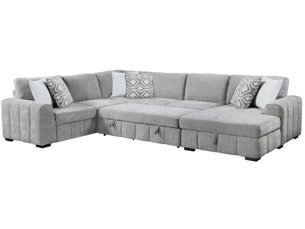 Ritchie - 4Pc Sectional W /  Pop Up Sleeper Loveseat, Storage Chaise & 6 Pillows - Gray