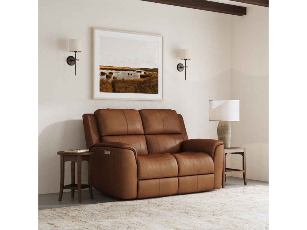 Henry Caramel Leather Power Reclining Loveseat with Power Headrests & Lumbar