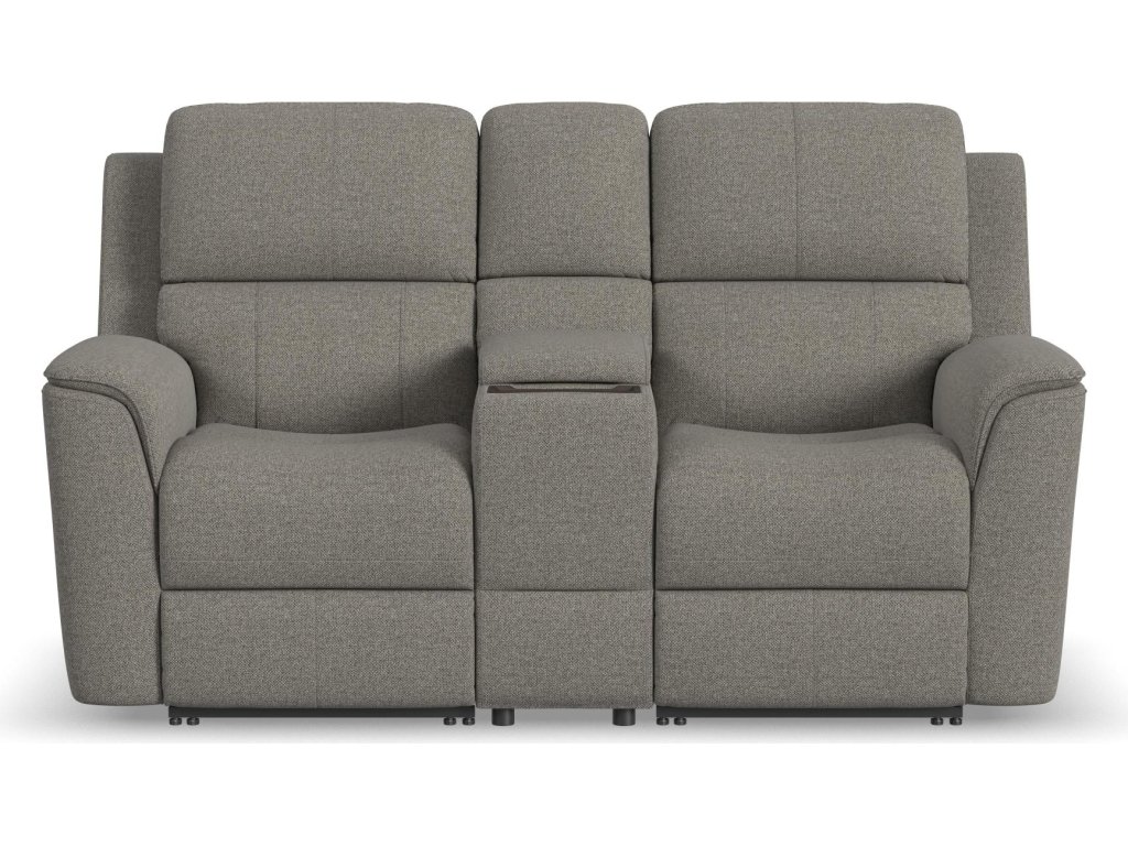 Henry Fog Fabric Power Reclining Loveseat with Console & Power Headrests & Lumbar