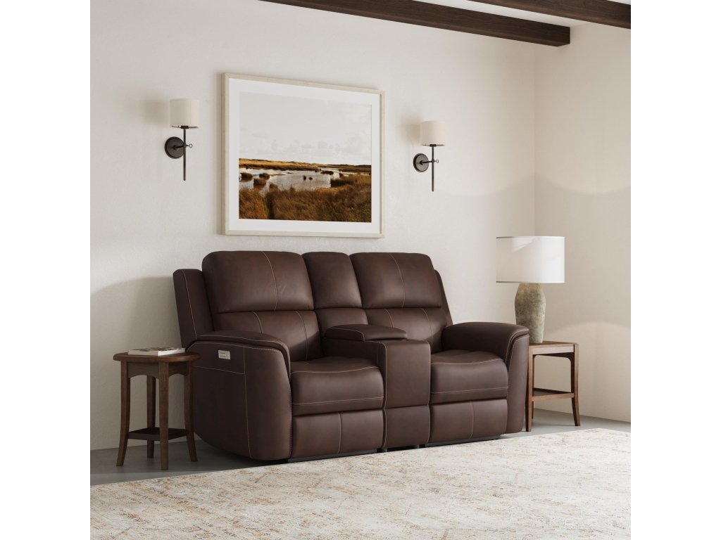Henry Burnt Umber Leather Power Reclining Loveseat with Console & Power Headrests & Lumbar