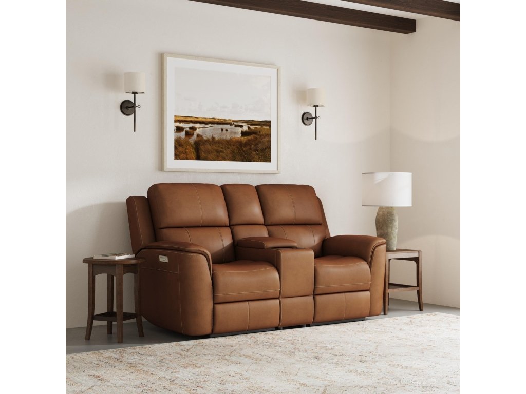 Henry Caramel Leather Power Reclining Loveseat with Console & Power Headrests & Lumbar
