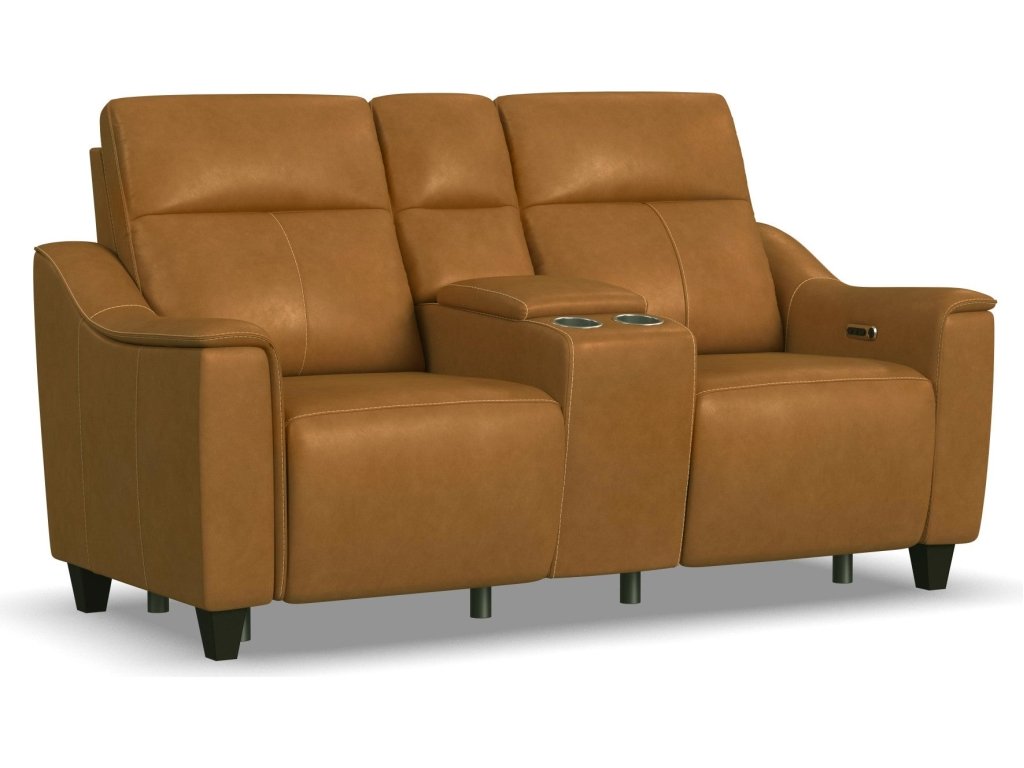 Walter Honey Leather Power Reclining Loveseat with Console & Power Headrests