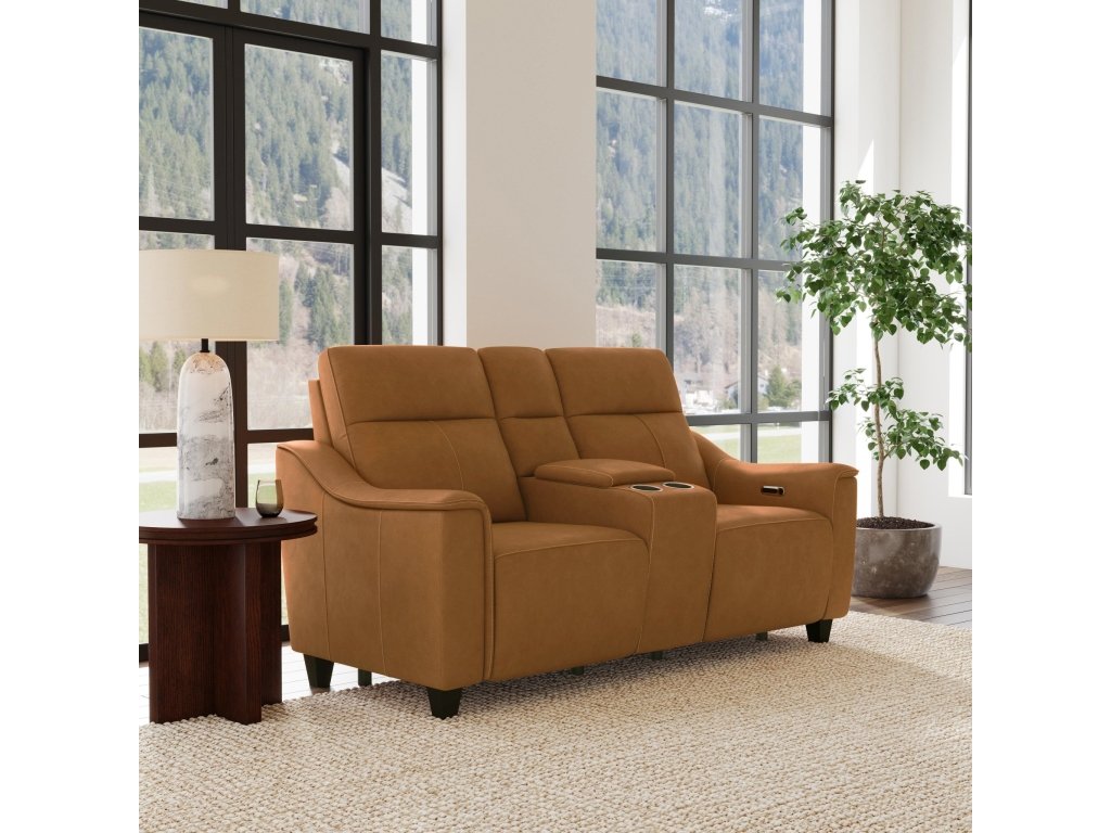 Walter Honey Leather Power Reclining Loveseat with Console & Power Headrests