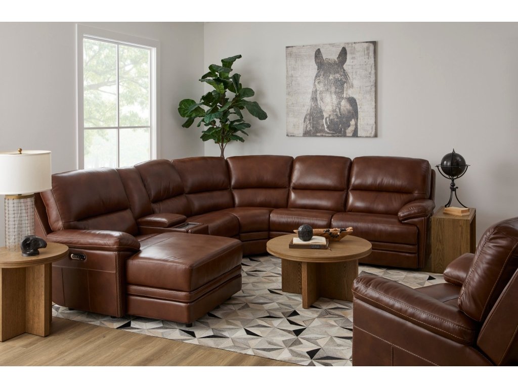 David Pecan Leather Power Reclining Sectional with Power Headrests & Lumbar